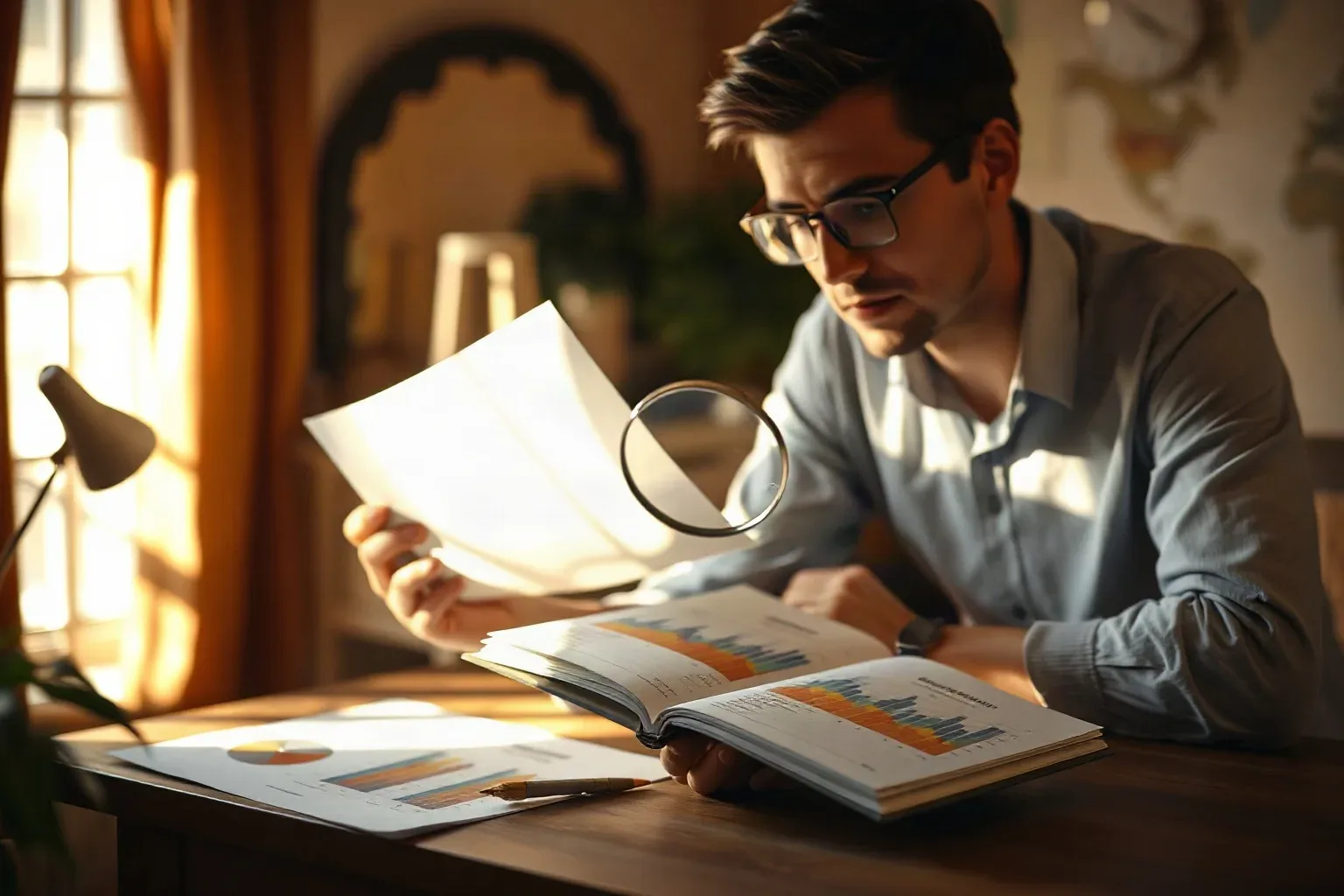 A person wearing glasses examines documents with a magnifying glass at a wooden desk scattered with open reports showing bar charts, in a warmly lit room