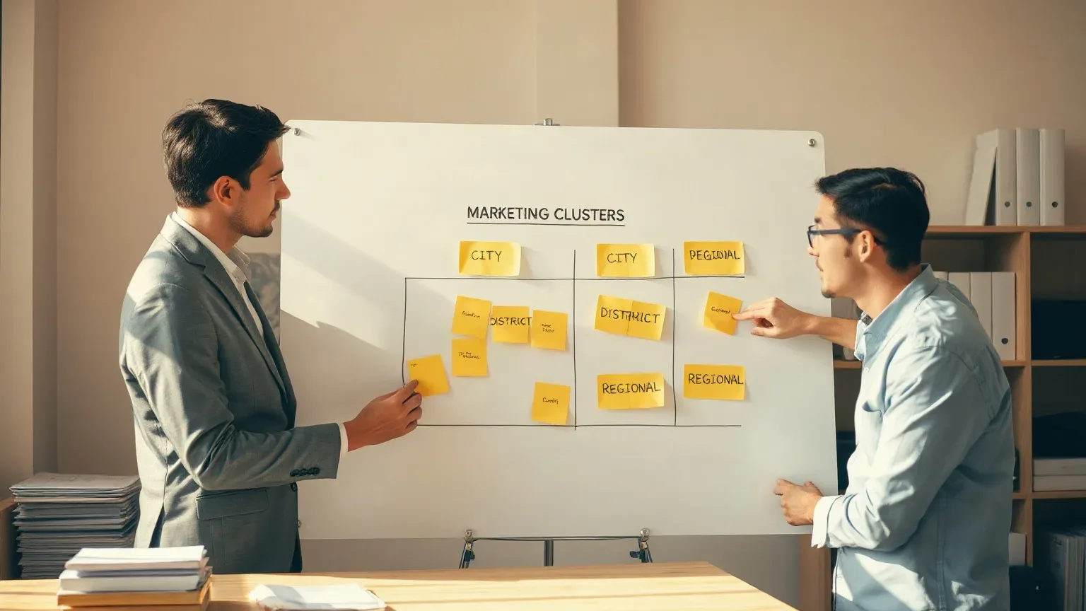 Two people arrange yellow sticky notes on a whiteboard labelled 'Marketing Clusters' in an office setting
