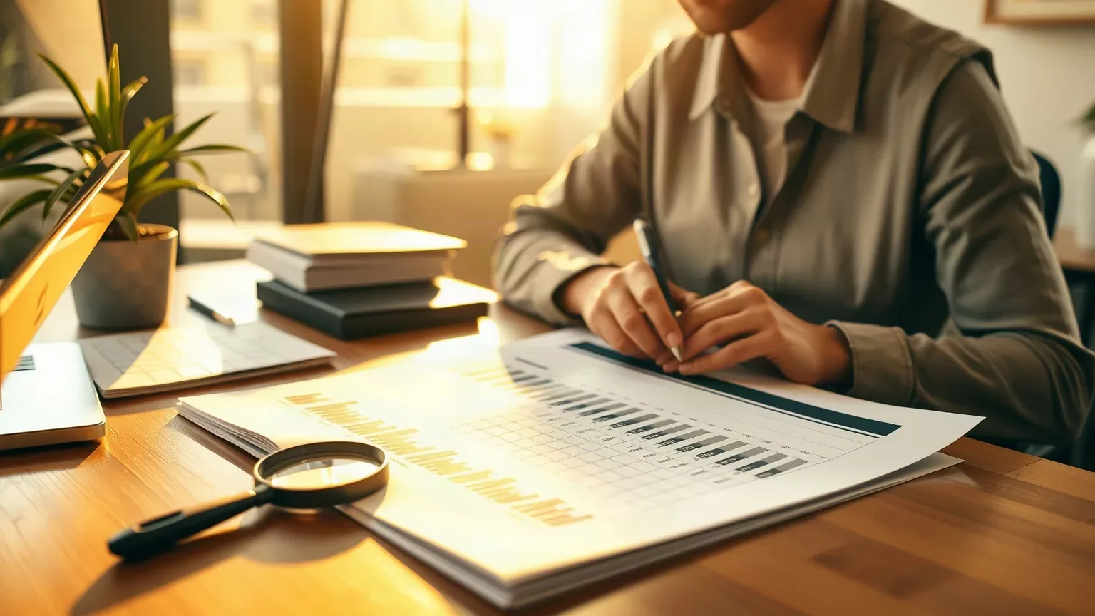 A person sits at a wooden desk reviewing printed charts and graphs, with a magnifying glass resting on the documents and a laptop and notebooks nearby in warm sunlight