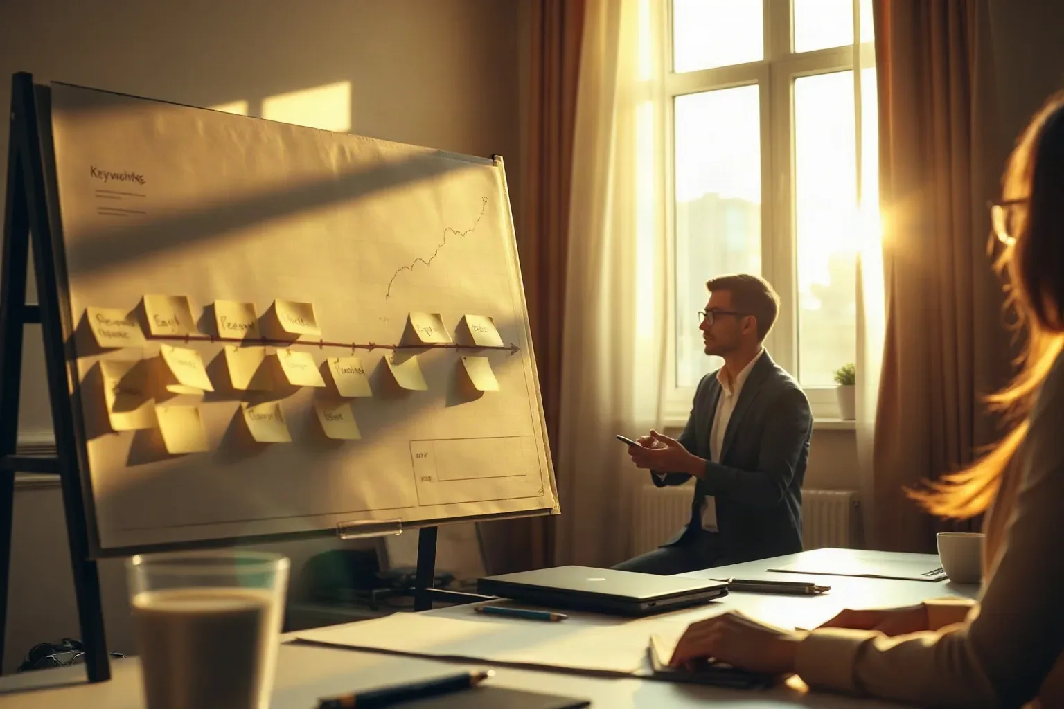 A person in a blazer stands beside a large board covered in yellow sticky notes arranged along a horizontal line, presenting to a seated colleague in a warmly lit room