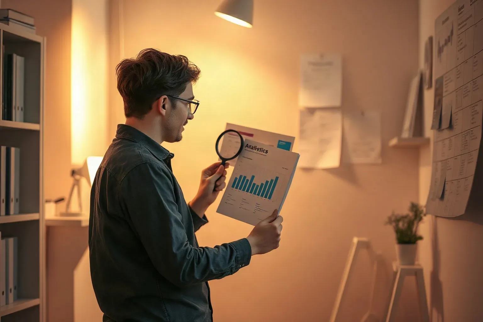 A marketing professional standing at the organised shelving and spreading a printed analytics report across the top shelf, using a magnifying glass to examine the goal-completion column while a keyword cluster planning board fills the wall behind them