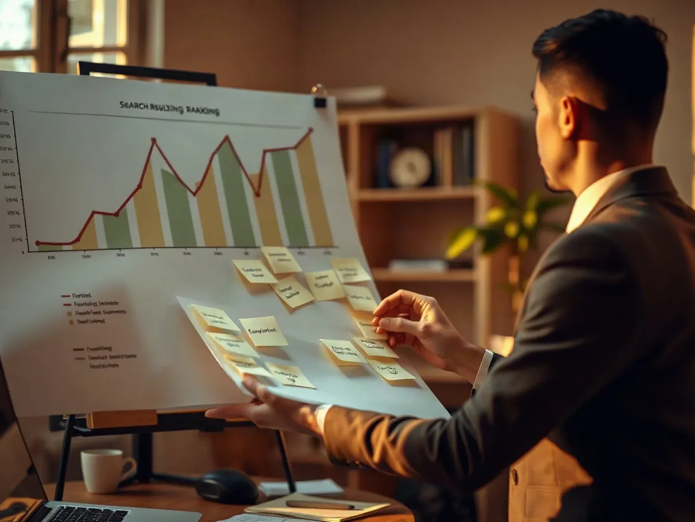 A marketing professional in business attire at the agency desk holding a search-result ranking diagram drawn on paper against the planning board with one hand while the other adjusts a cluster of sticky-note keyword clusters to align with the diagram's ranking tiers