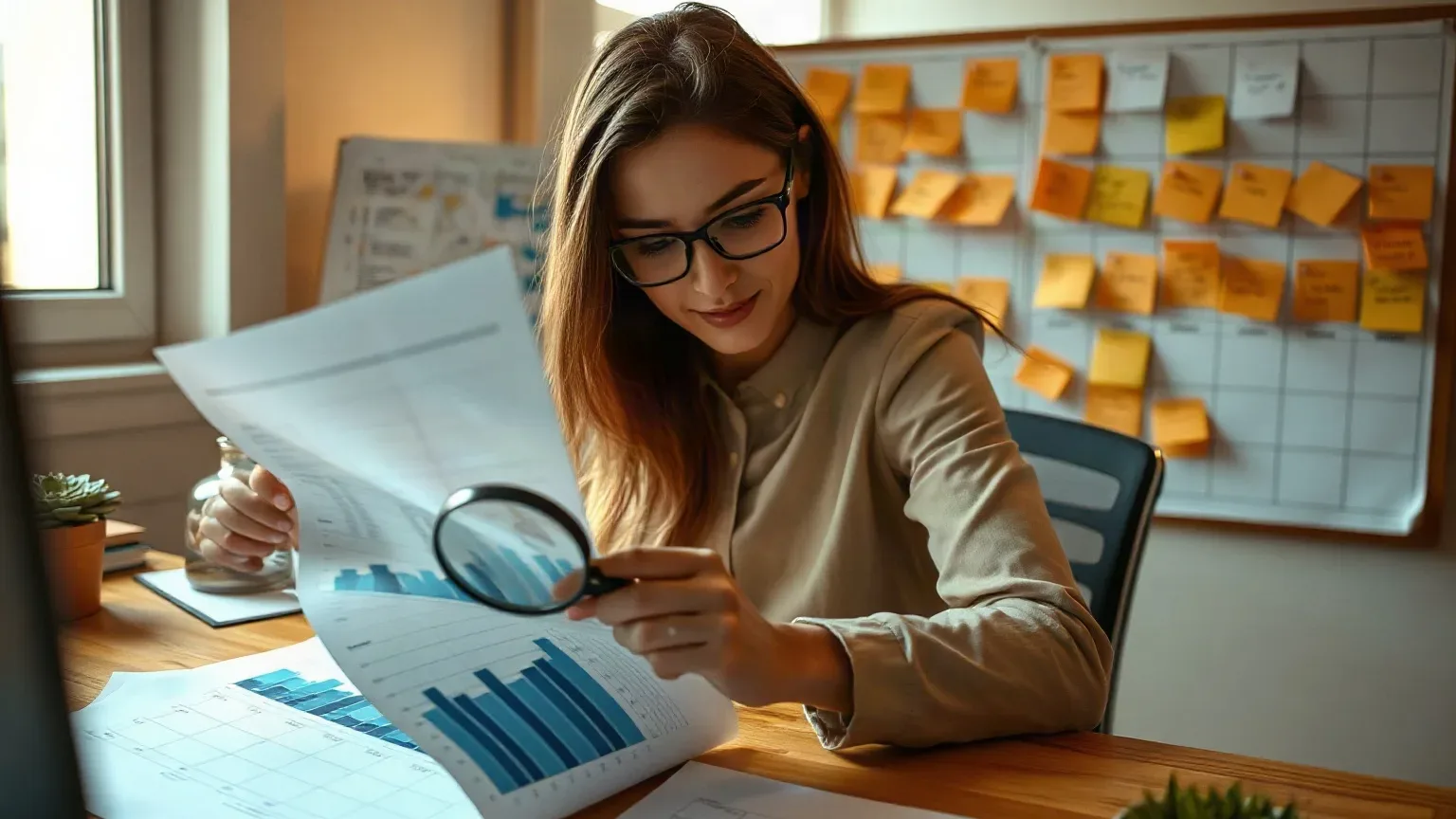 A marketing professional seated at the agency desk pressing a magnifying glass against the impression-count section of a printed analytics report, rows of sticky-note keyword clusters arranged in location-labelled columns visible on the planning board behind