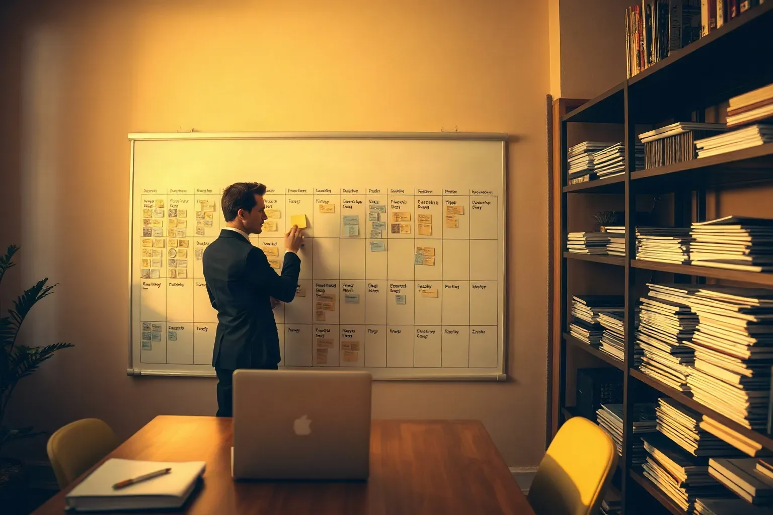 A person in a dark suit places a sticky note onto a large whiteboard covered in a grid of coloured sticky notes, in a room with shelves stacked with papers and a laptop on the table