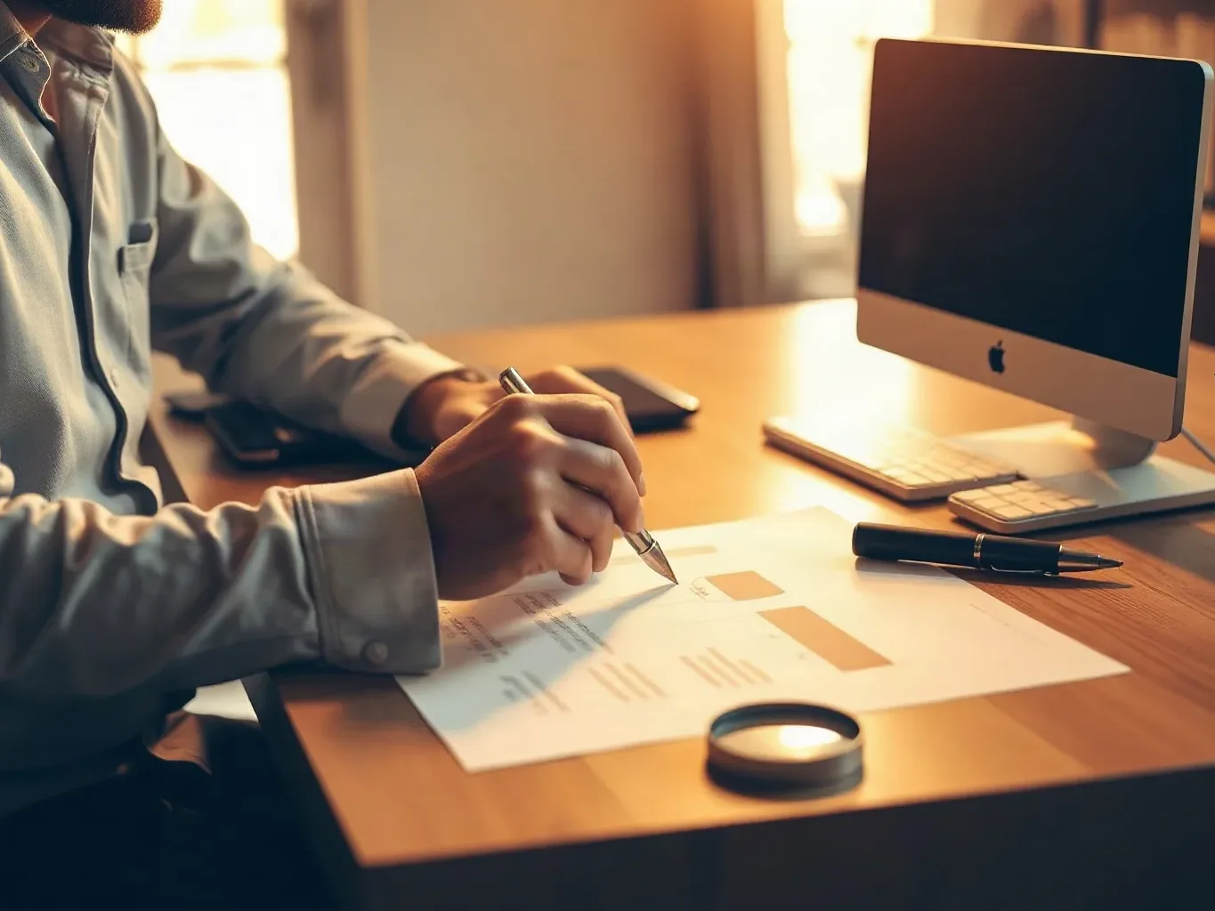 A person in a casual shirt writes on a printed document at a wooden desk beside a computer monitor, keyboard, and pot of pens