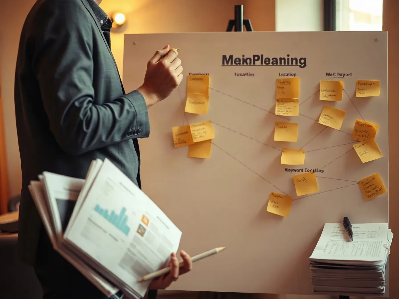 A person in a suit holds documents and a pen while studying a board covered with yellow sticky notes connected by lines