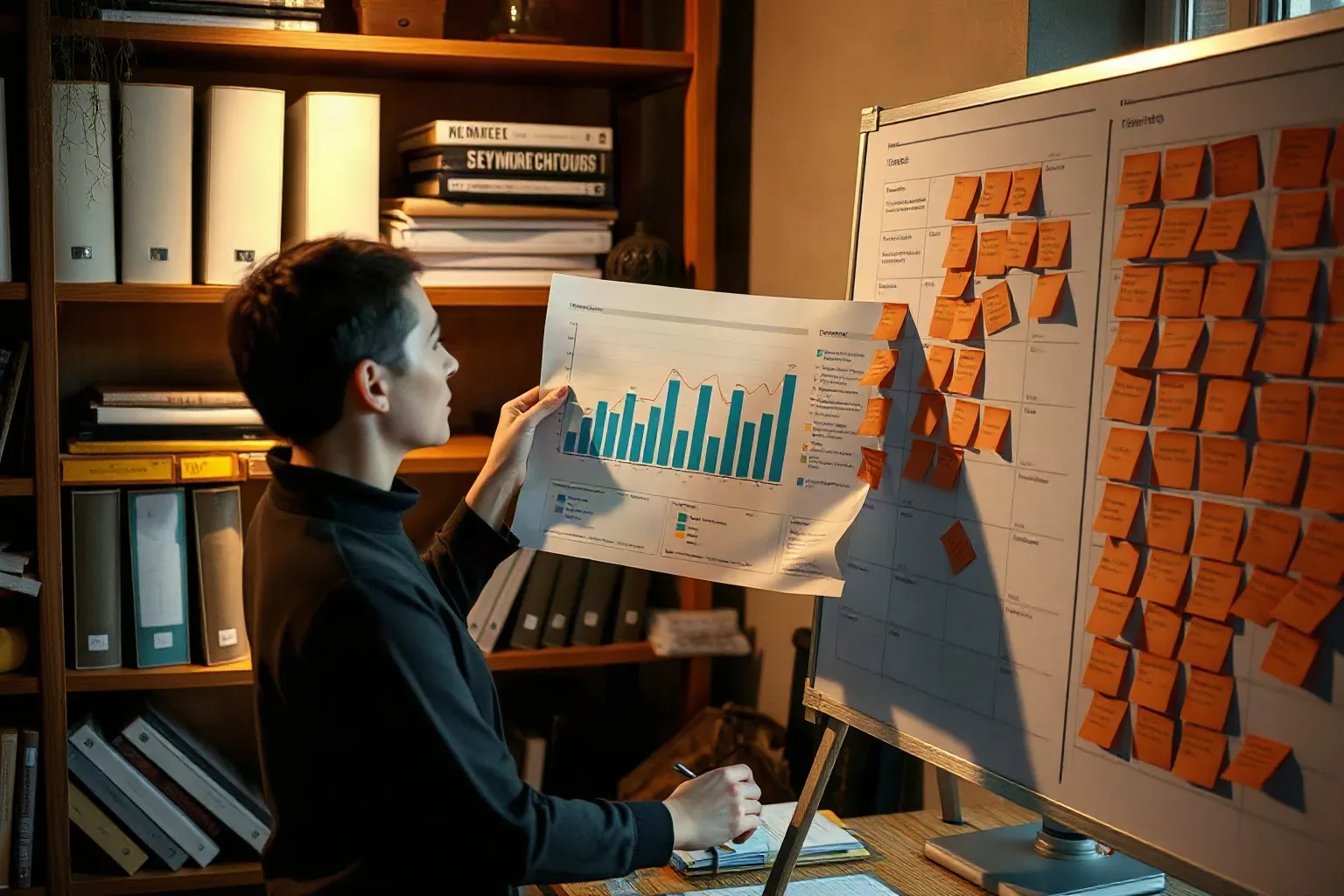 A marketing professional at the organised shelving lifting a printed analytics report and running a finger along a row of click-through figures while the sticky-note keyword cluster grid fills the planning board to their side