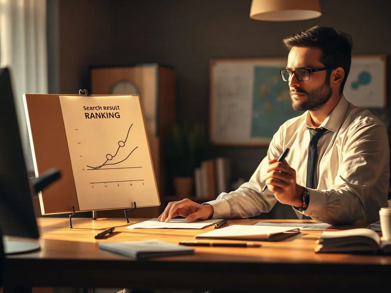 A person in a shirt and tie sits at a wooden desk, holding a pen and studying a chart labelled 'Search Result Ranking' on a small easel beside a computer monitor