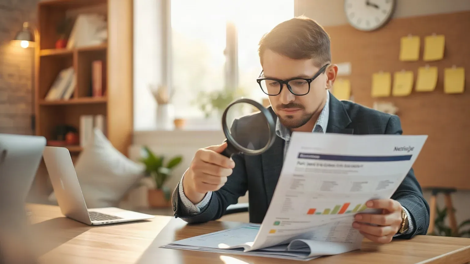 A marketing professional seated at the agency desk pressing a magnifying glass over a paid-search restriction note in a printed analytics report, the keyword cluster planning board behind them showing condition-labelled sticky-note groupings