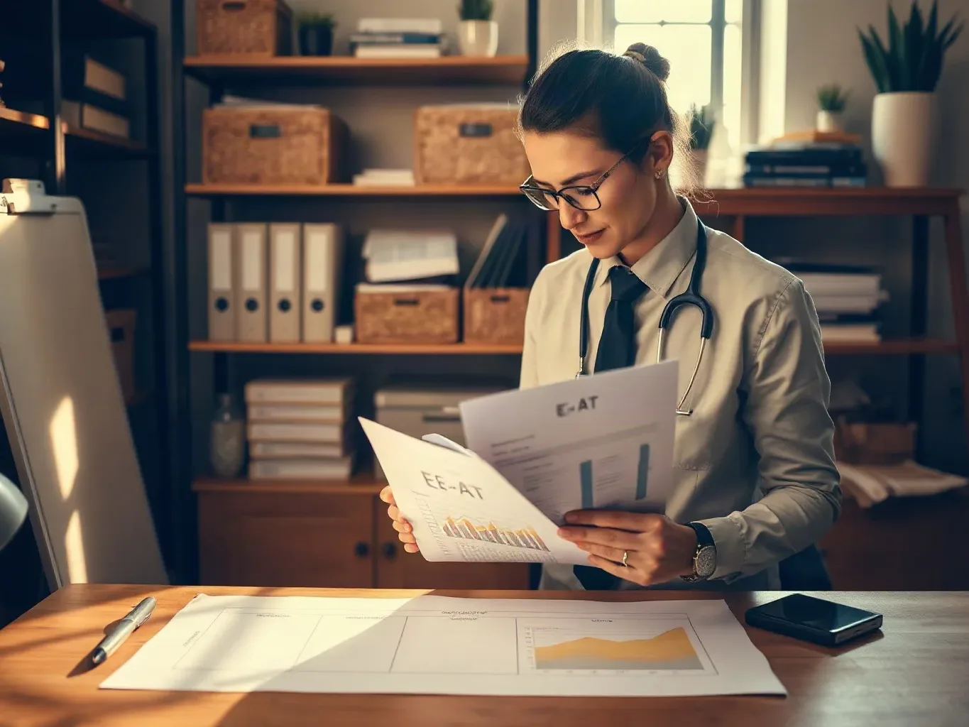 A person wearing a stethoscope and glasses stands at a desk reviewing printed documents covered in charts, with organised shelving visible behind them