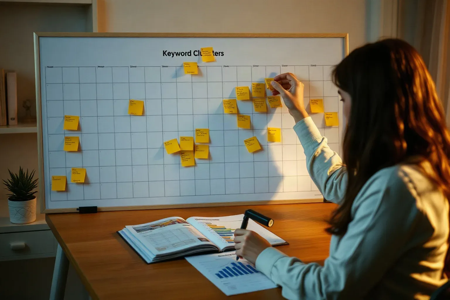 A person places yellow sticky notes onto a grid-marked planning board labelled 'Keyword Clusters' while referring to an open report with charts on a desk below