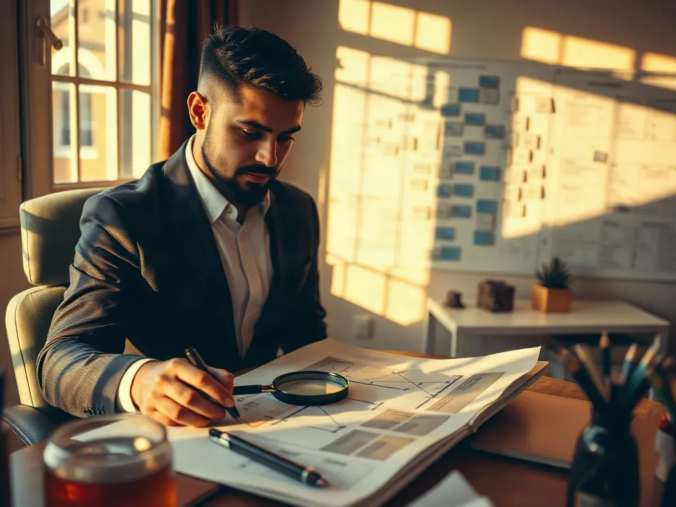 A marketing professional in business attire at the agency desk drawing an internal-linking map on a search-result ranking diagram on paper while a magnifying glass rests at the top of the diagram and the keyword cluster board fills the background