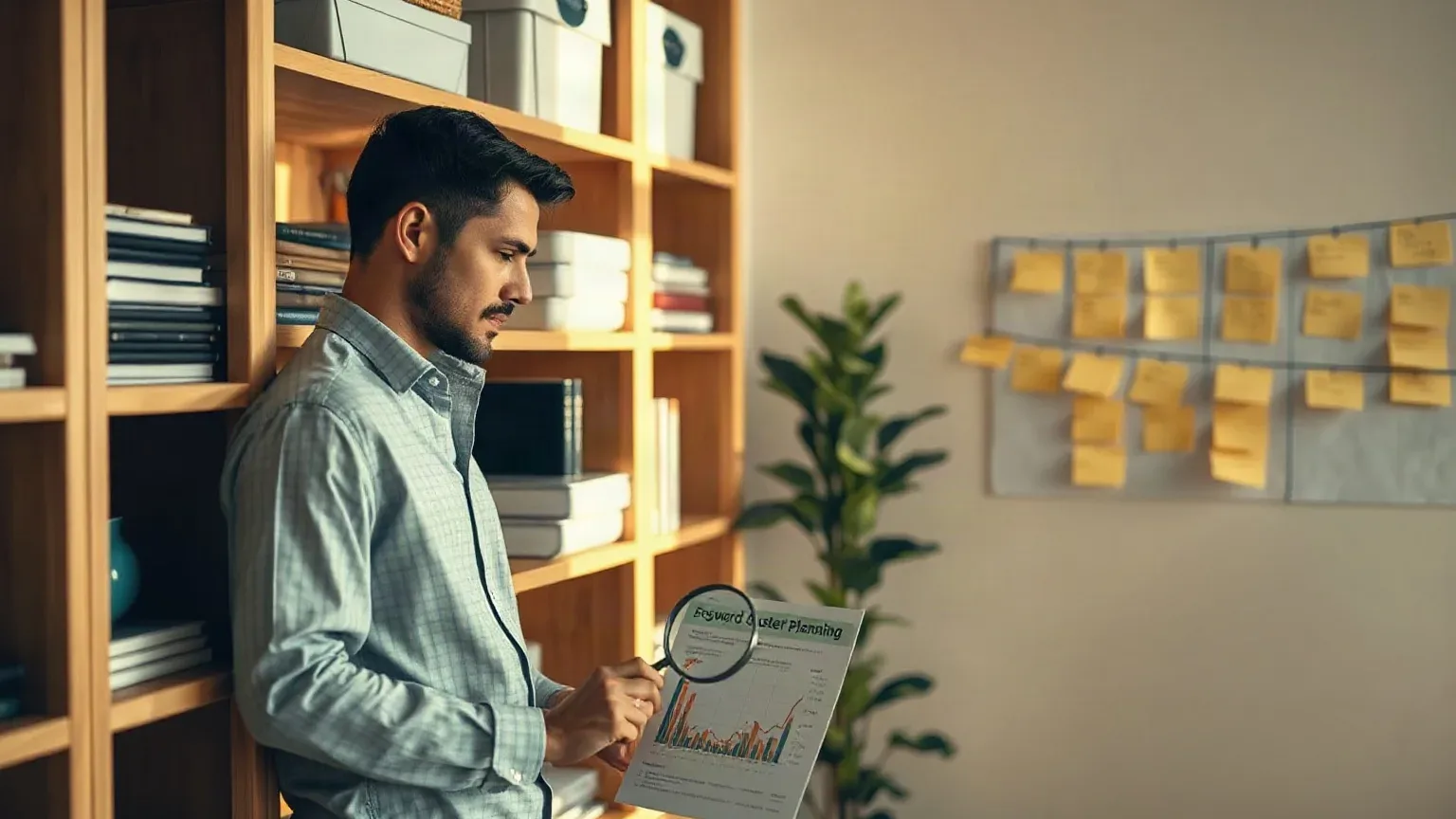 A marketing professional standing at the organised shelving and placing a magnifying glass over an enquiry-cost column on a printed analytics report, the keyword cluster planning board visible on the wall to their side with patient-journey sticky notes
