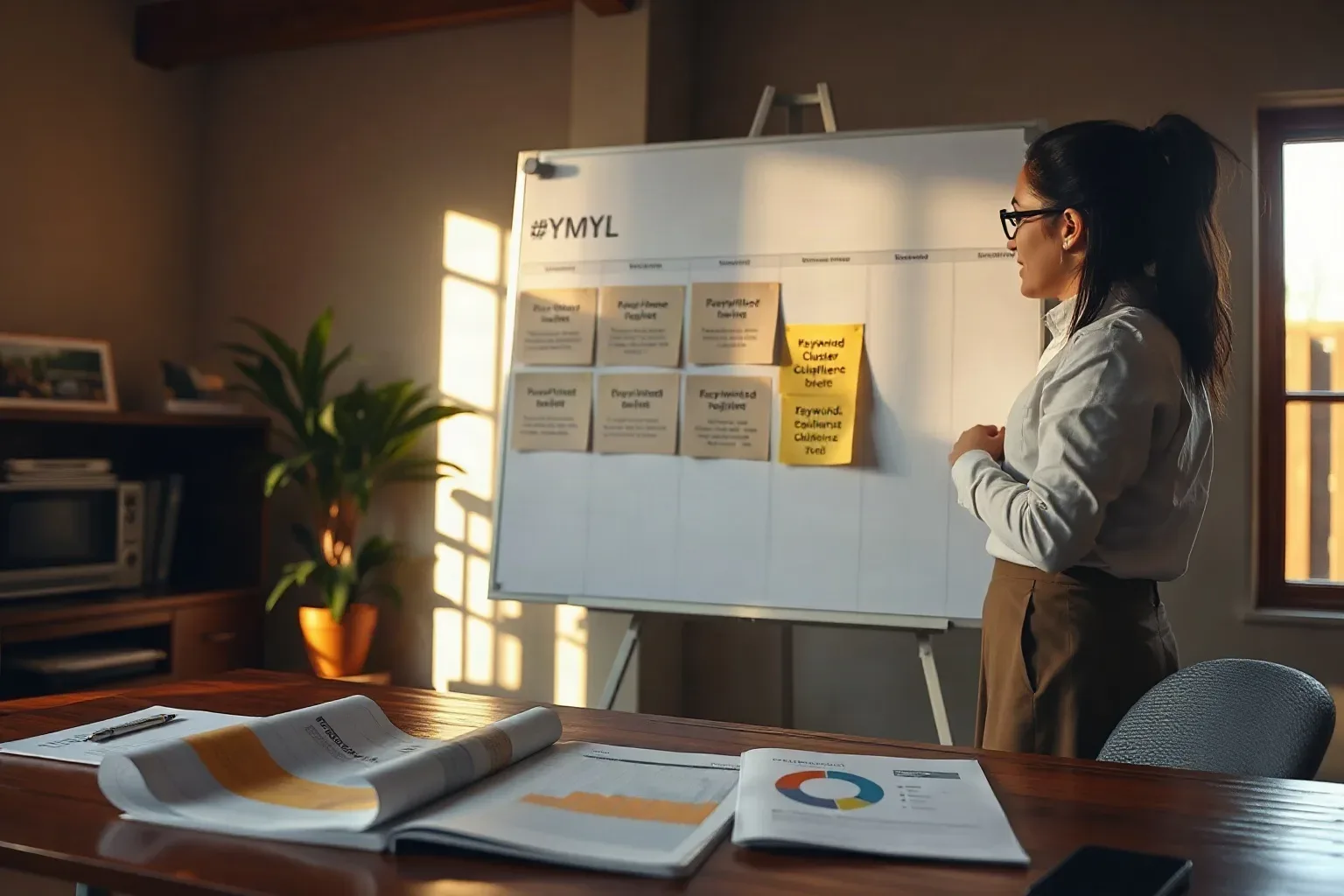 A person wearing glasses stands before a whiteboard covered in sticky notes arranged in a grid, with open documents showing charts spread across a wooden desk in a warmly lit room
