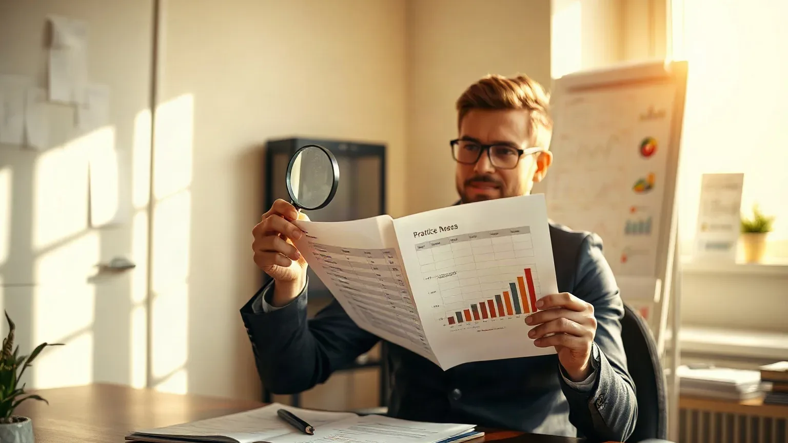 A person in a suit sits at a desk holding a magnifying glass up to a printed report featuring bar charts, with a whiteboard visible behind them