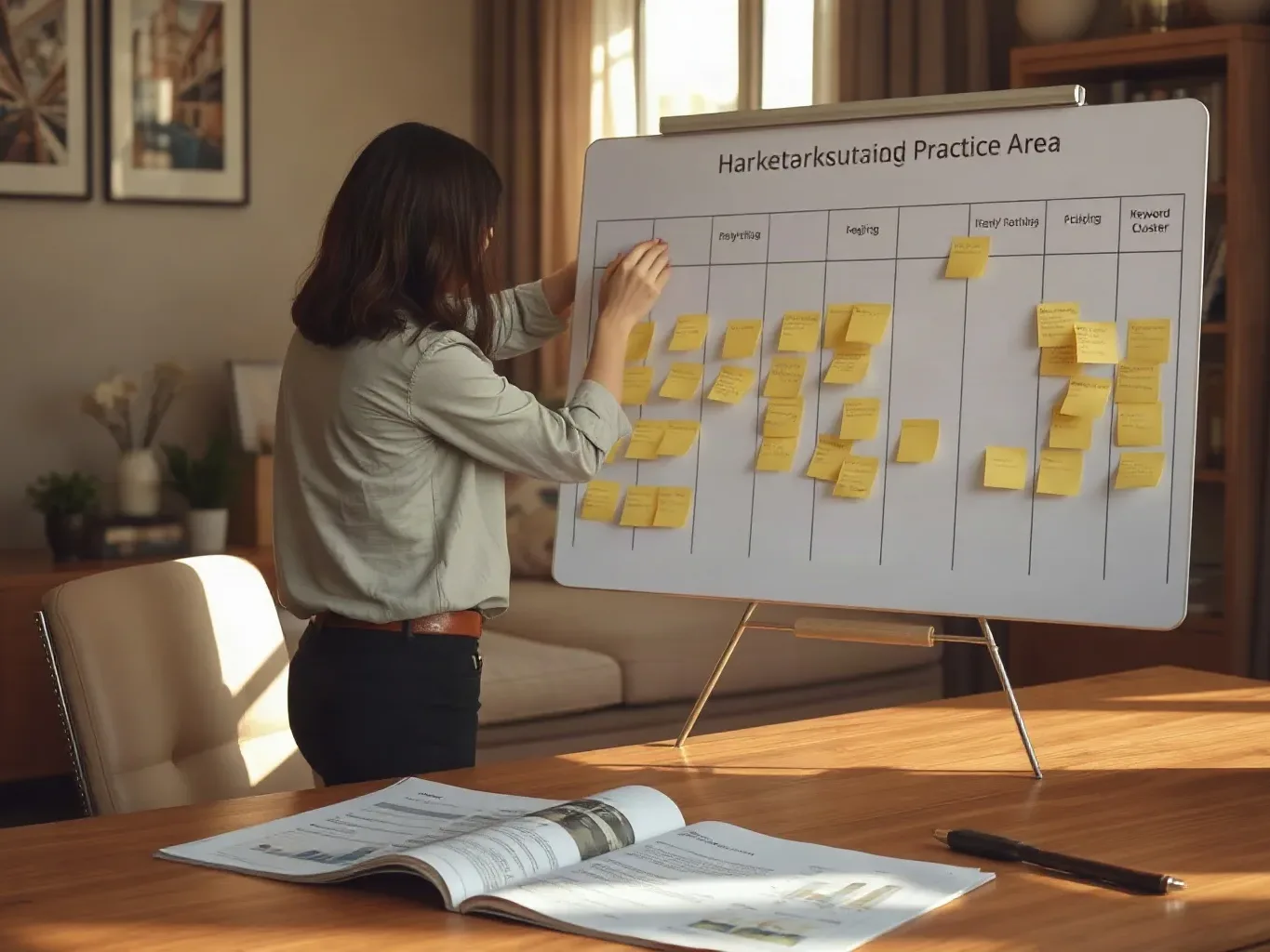 A person arranges yellow sticky notes across columns on a large whiteboard on an easel, with an open document on the wooden table in front of them