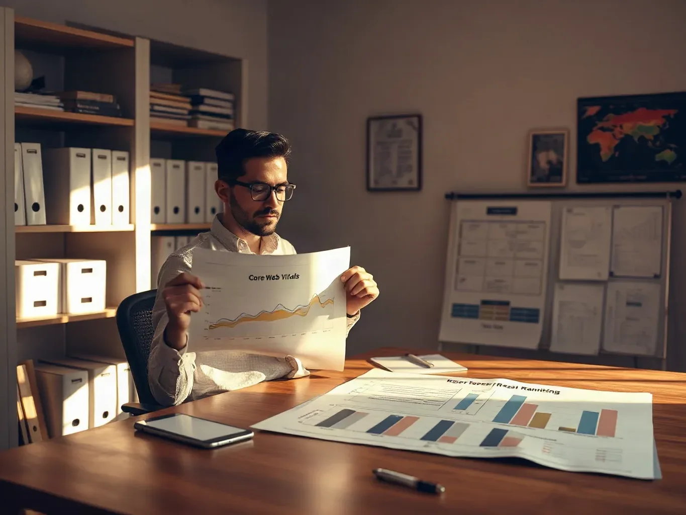 A marketing professional in business attire at the organised shelving and pulling a printed analytics report open to a Core-Web-Vitals section, a search-result ranking diagram drawn on paper already spread flat across the desk in front of the planning board