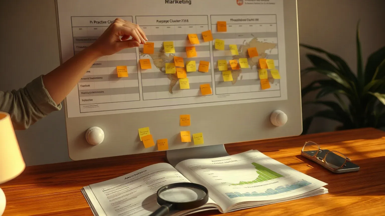 A marketing professional at the planning board pressing practice-location sticky notes into geographic columns in the keyword cluster grid while a magnifying glass rests on a printed analytics report open on the desk below