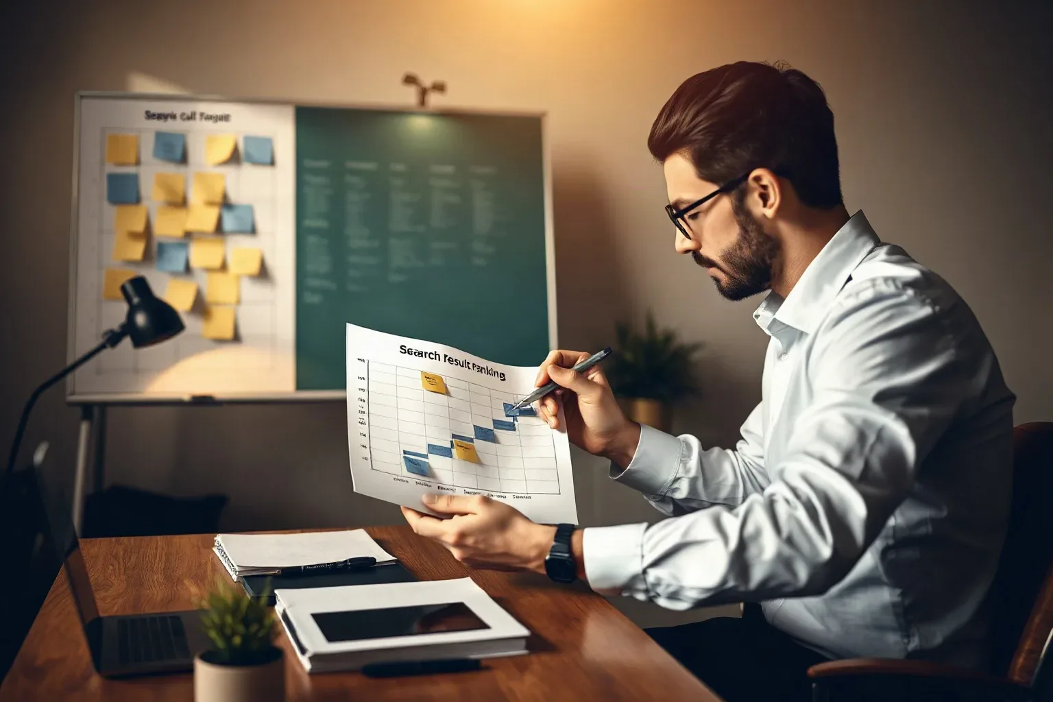 A marketing professional in business attire seated at the agency desk annotating a search-result ranking diagram on paper with legal-topic labels in pen, the sticky-note keyword cluster grid visible on the planning board behind them