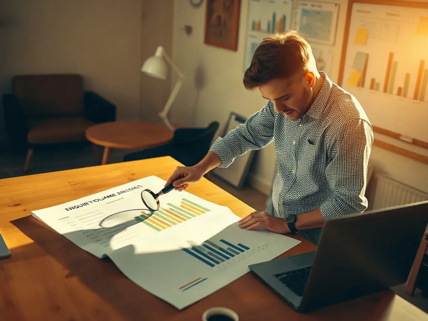 A marketing professional standing at the desk pressing a magnifying glass against an enquiry-volume column on a printed analytics report spread flat, reaching with the other hand to adjust a cost-per-lead sticky note on the planning board above