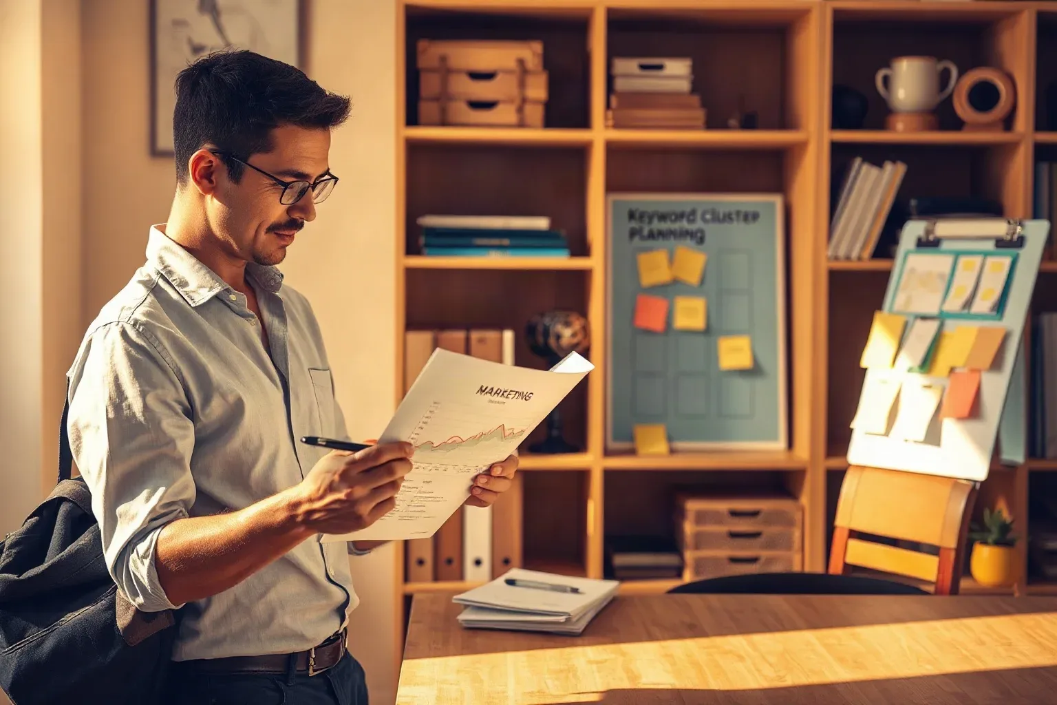 A marketing professional in business attire at the organised shelving holding a printed analytics report open and circling a topical-authority metric with a pen, the keyword cluster planning board with legal-term sticky notes visible behind them