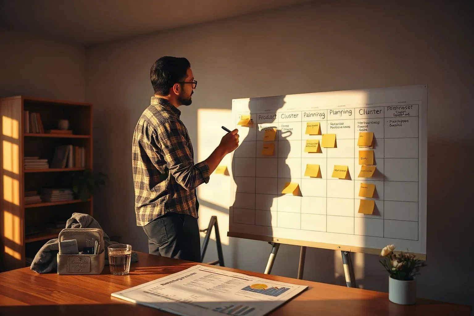 A person wearing glasses and a checked shirt writes on a whiteboard covered in yellow sticky notes arranged in a grid, in a warmly lit room with shelving
