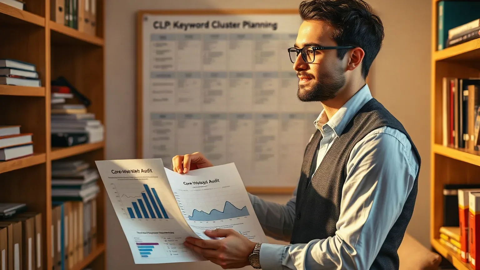 A marketing professional in business attire at the organised shelving holding a printed analytics report open to a Core-Web-Vitals audit page and circling an LCP figure with a pen, the keyword cluster planning board filling the wall behind them