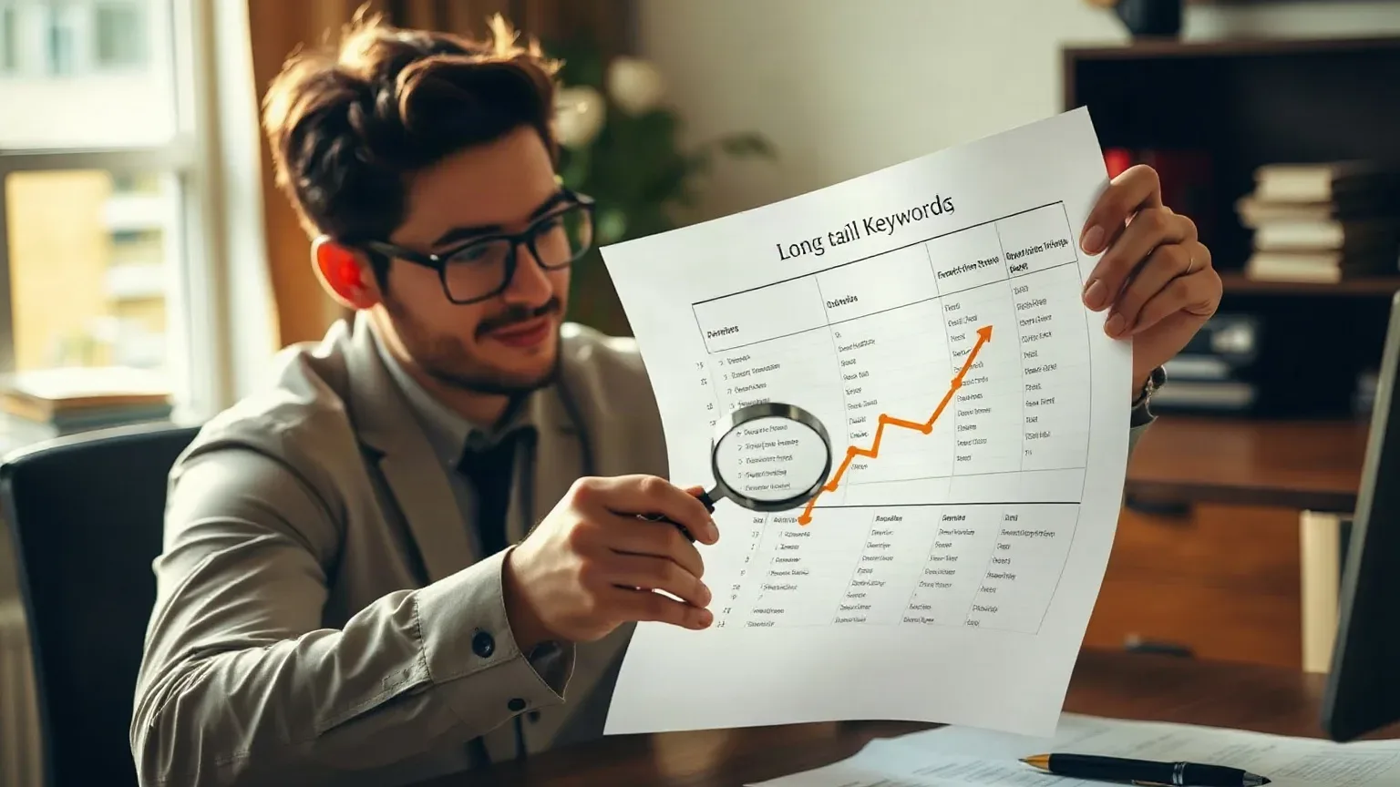 A person wearing glasses holds up a printed document headed 'Long tail Keywords' while examining it through a magnifying glass at a desk