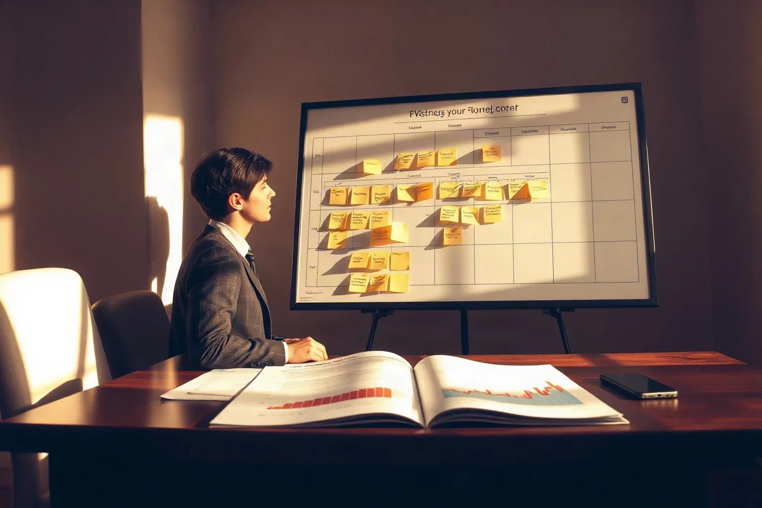 A marketing professional in business attire at the planning board grouping editorial-content sticky notes into a funnel-stage sequence in the keyword cluster grid, a printed analytics report open on the desk below showing informational-query traffic data