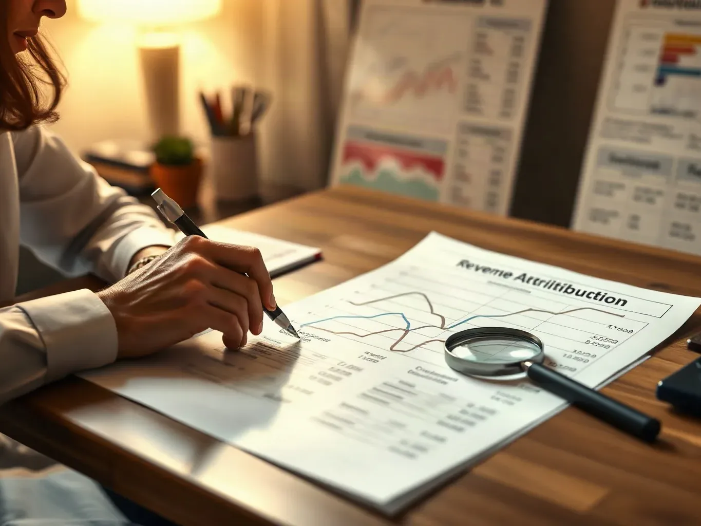A person in a white shirt writes on a printed report showing line graphs, with a magnifying glass resting on the document and charts visible on a board behind them