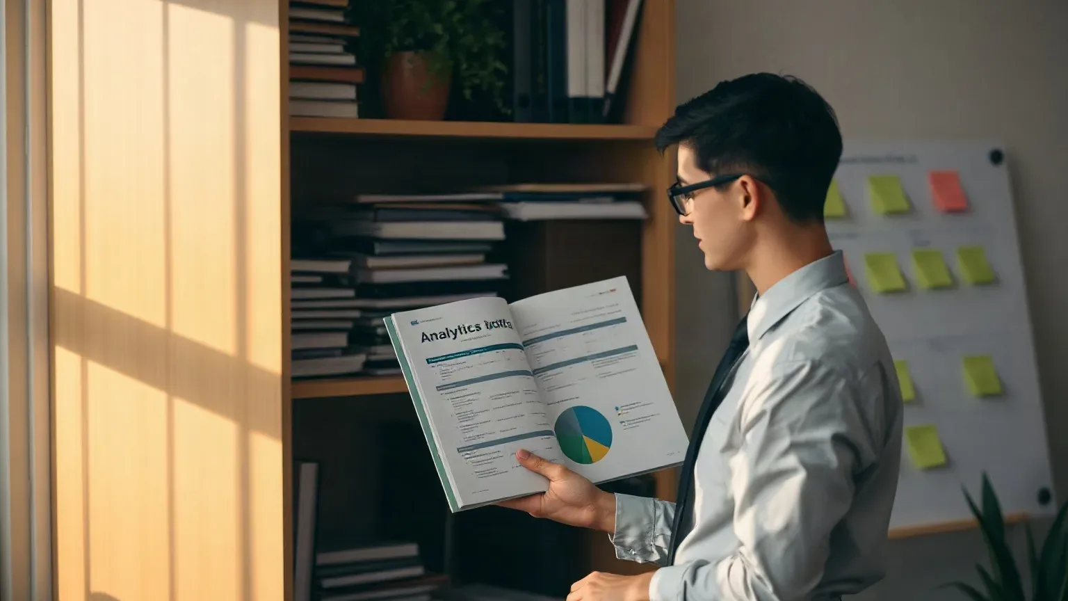 A person in a shirt and tie stands in an office reading an open report featuring a pie chart, with a bookshelf and sticky-note planning board visible behind them