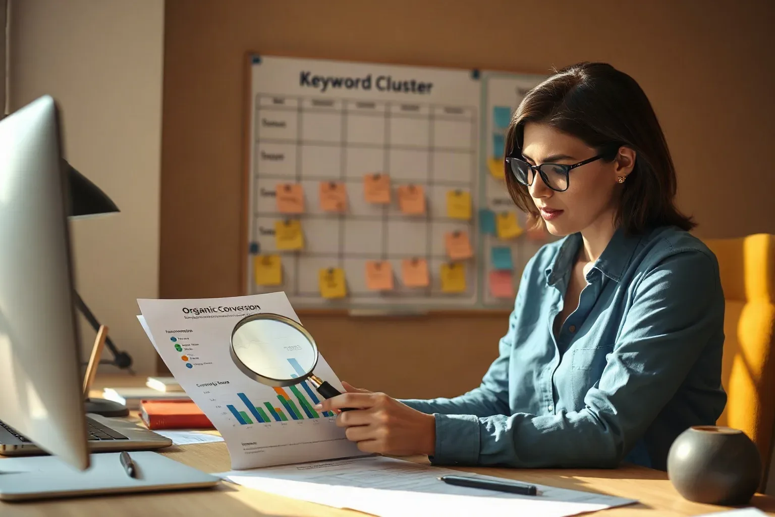 A marketing professional at the agency desk placing a magnifying glass over an organic-conversion section of a printed analytics report, the keyword cluster planning board behind them filled with cuisine-type and occasion sticky notes
