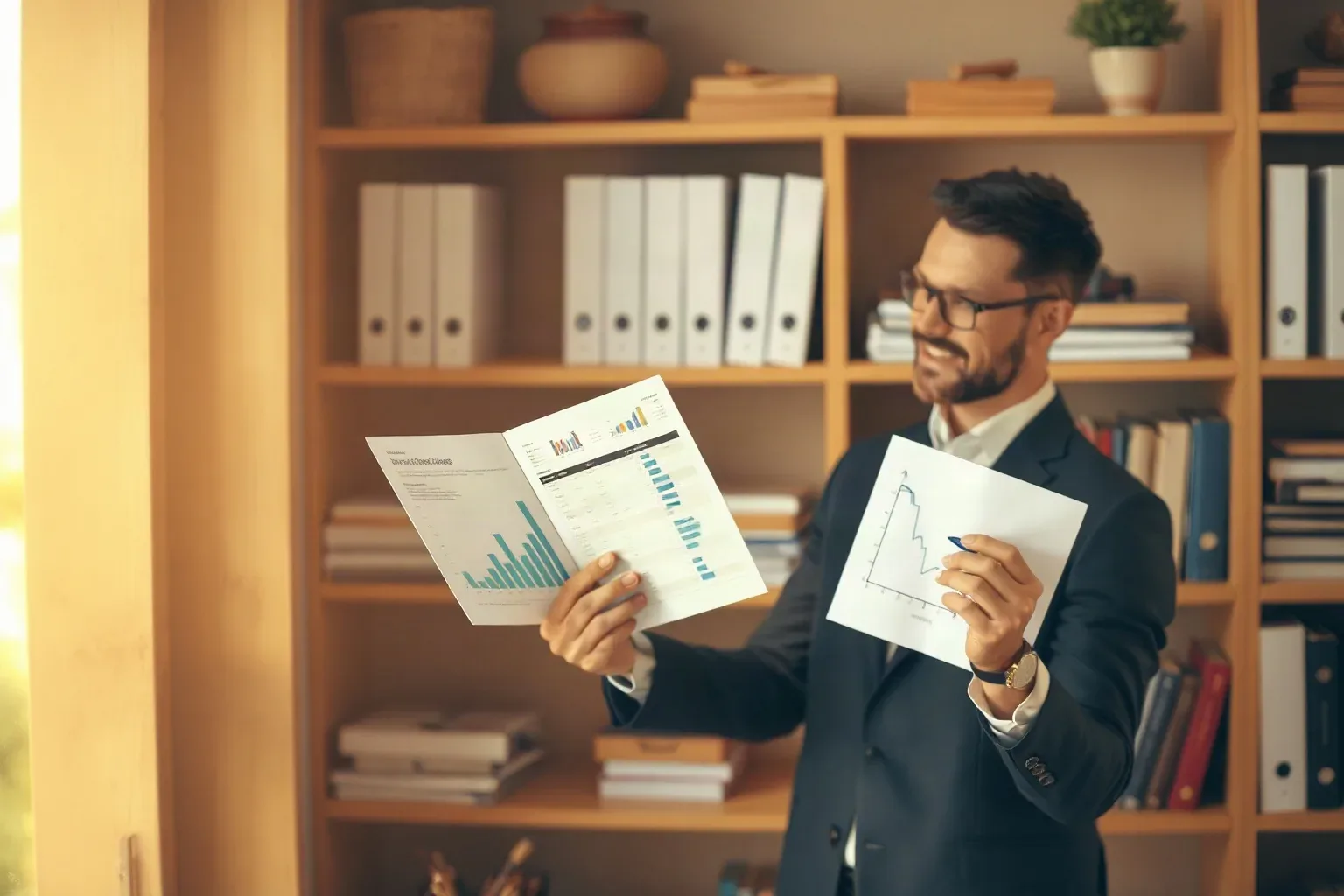 A person in a dark suit and glasses stands in an office, holding and comparing two sheets of paper printed with charts and graphs, in front of a wooden bookcase