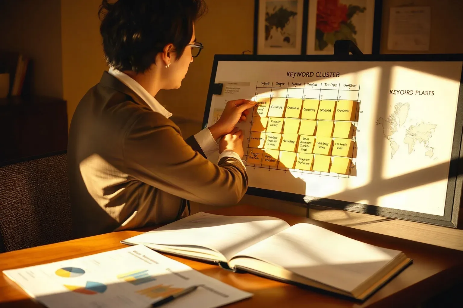 A person in a blazer arranges yellow sticky notes on a grid-format planning board while an open notebook and printed charts rest on the desk in front of them