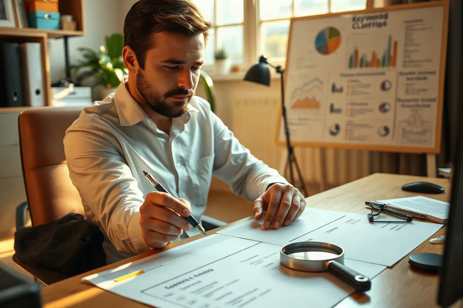 A person in a white shirt sits at a desk writing on printed documents, with a magnifying glass nearby and a chart-covered board visible behind them