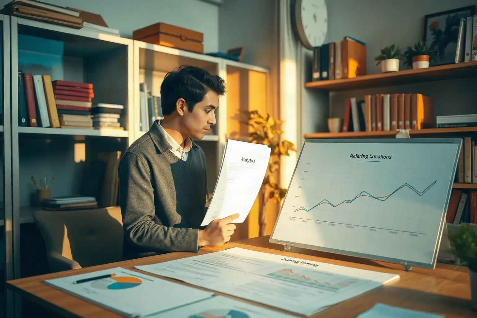 A person at a desk reviews documents beside a display board showing line graphs, in a room lined with bookshelves