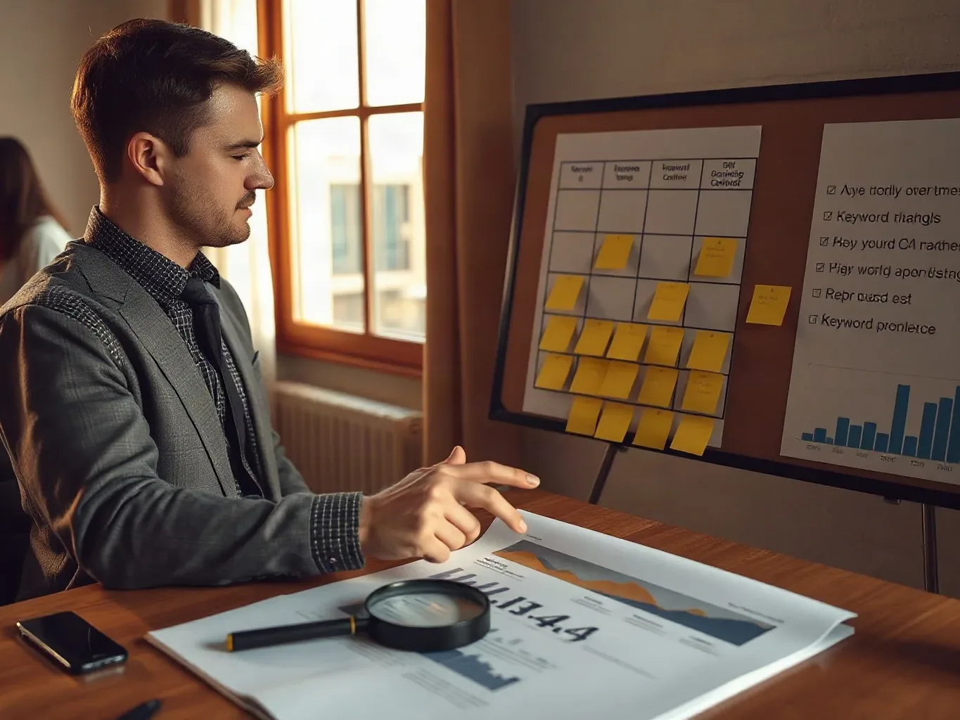 A marketing professional in business attire at the planning board pressing a first-step checklist of sticky notes into the bottom row of the keyword cluster grid while a magnifying glass rests on a printed analytics report lying open on the desk below