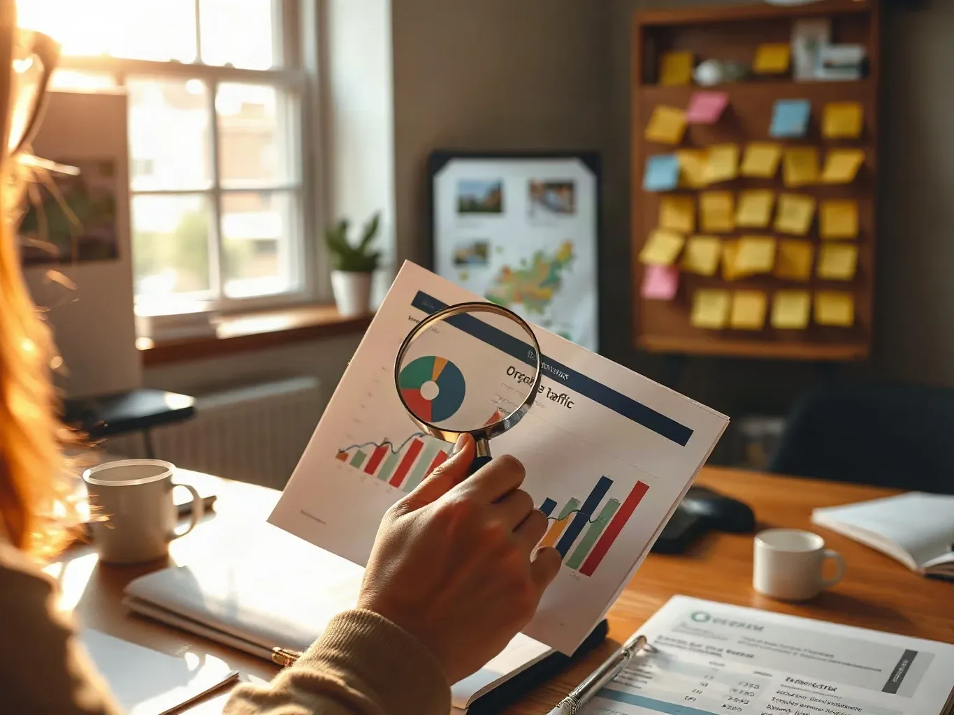 A marketing professional at the agency desk placing a magnifying glass over an organic-traffic section of a printed analytics report, the sticky-note keyword cluster grid on the planning board behind showing destination-themed groupings