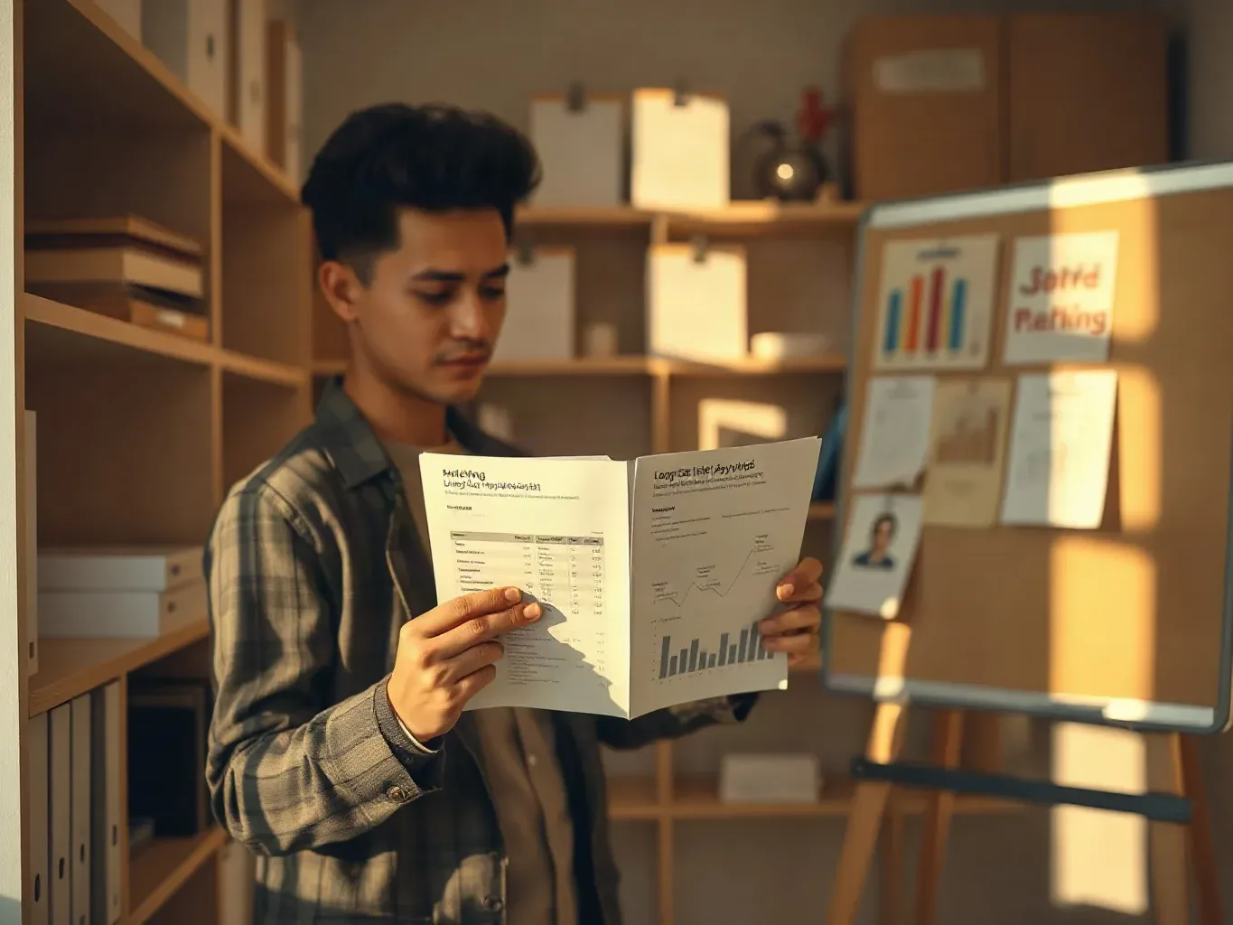 A marketing professional in business attire standing at the organised shelving and holding a printed analytics report open to a long-tail keyword list, a search-result ranking diagram drawn on paper pinned to the planning board behind them