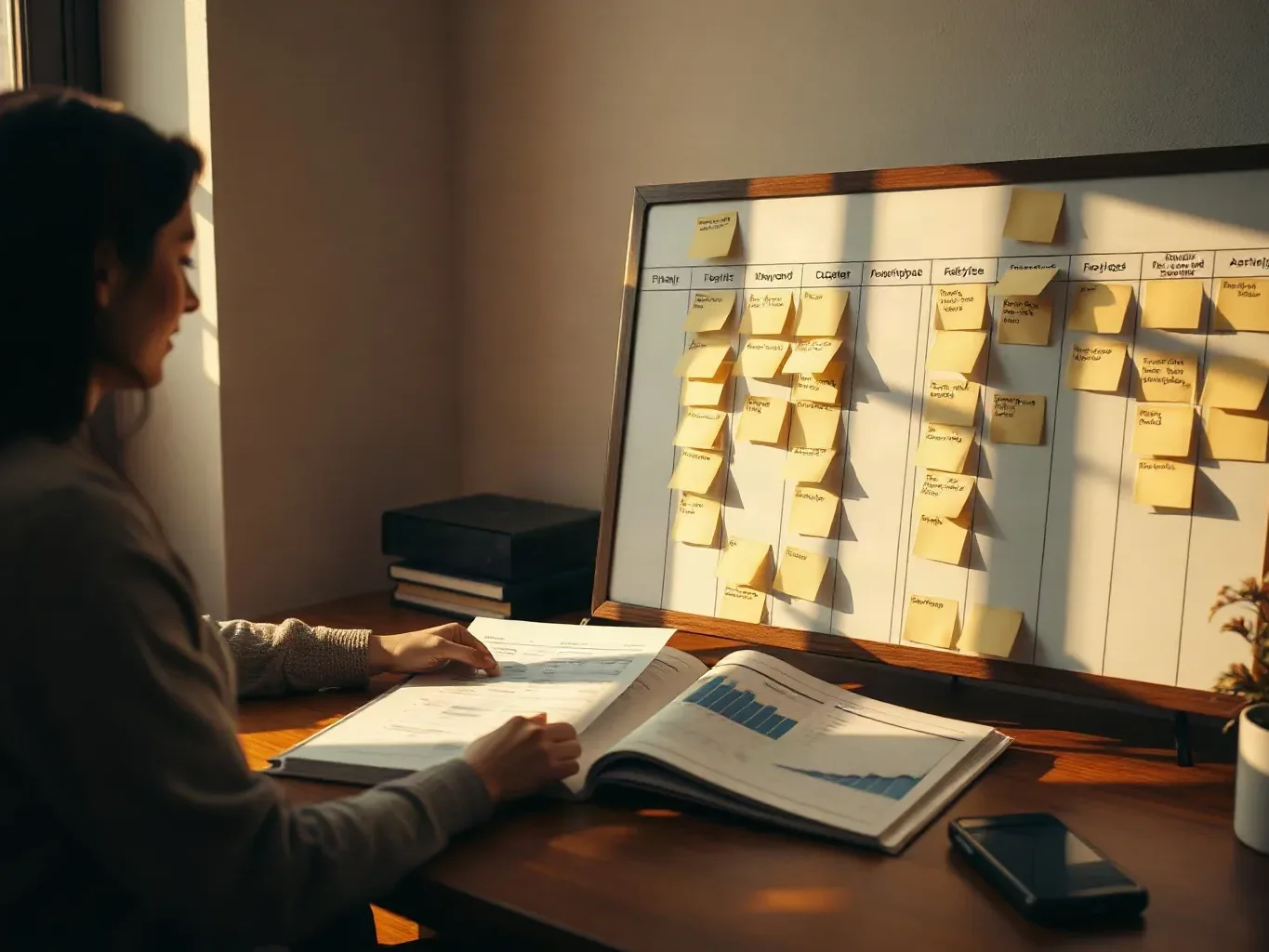 A marketing professional at the planning board pressing title-tag draft sticky notes into the keyword cluster grid, a printed analytics report showing page-level performance data spread open on the desk below the board
