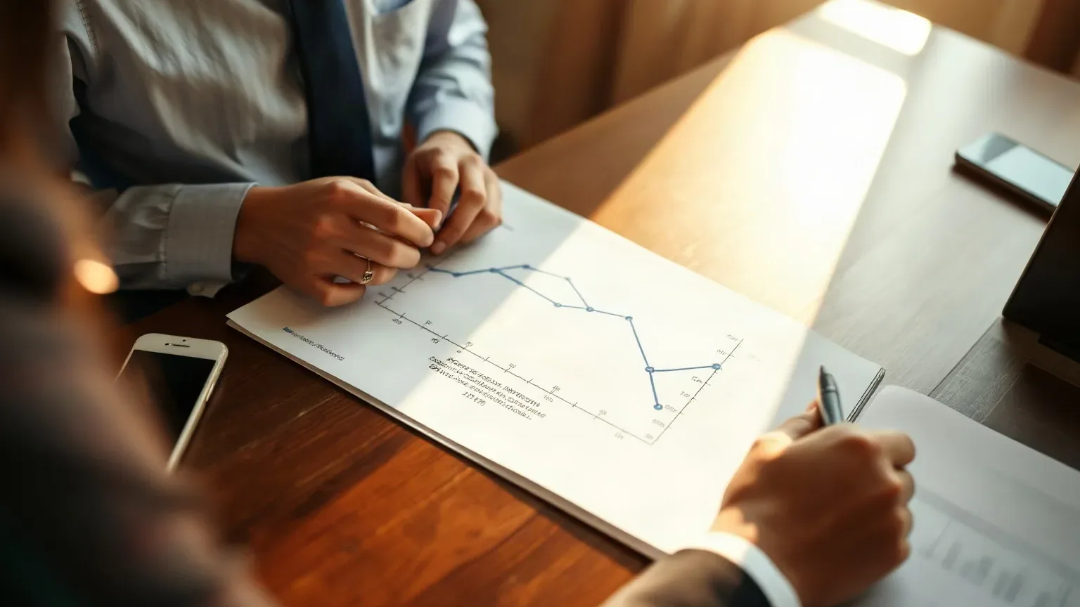 Two people sit at a wooden desk reviewing a printed line graph, one holding a pen over a separate document