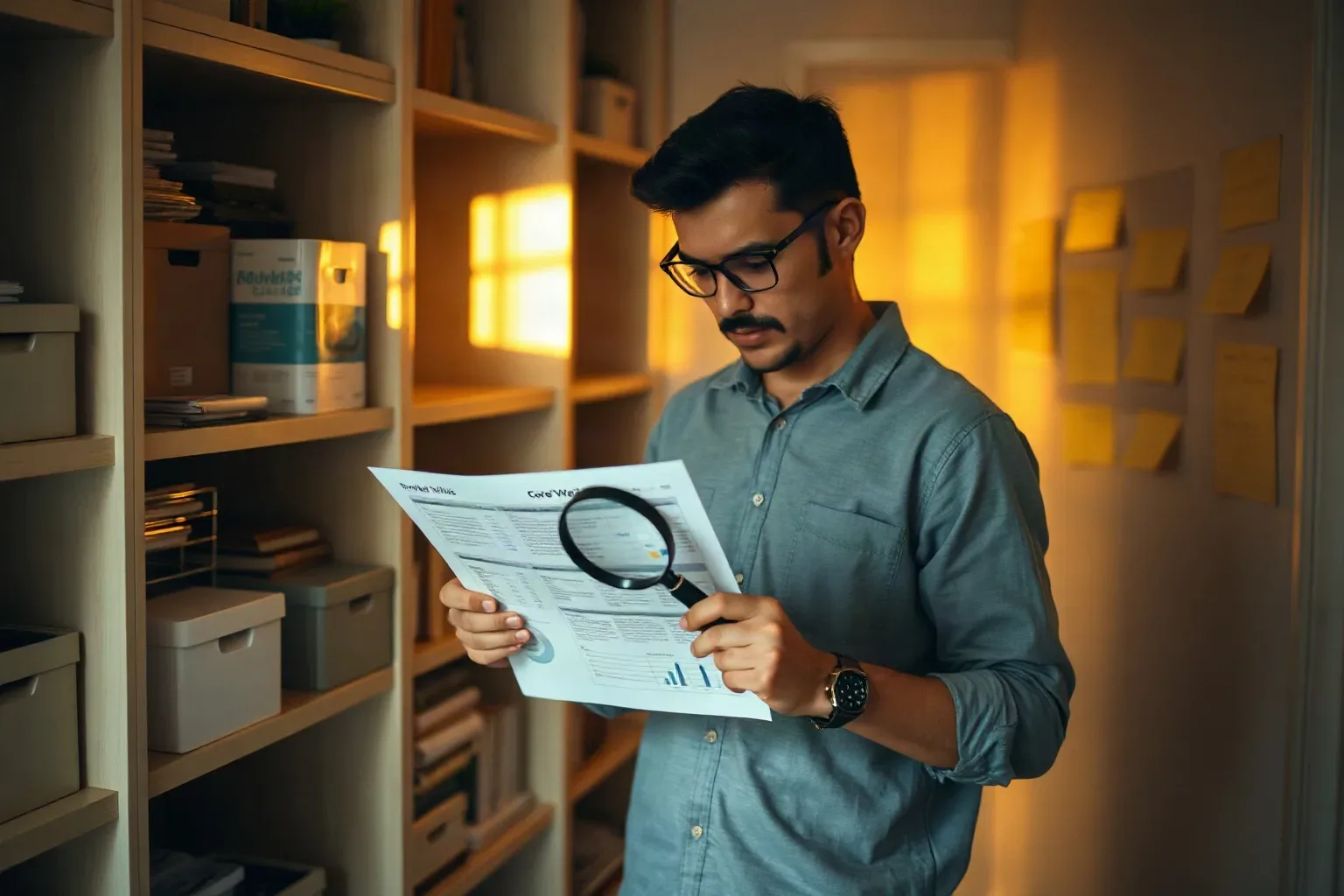 A person wearing glasses examines a document through a magnifying glass while standing beside a shelving unit, with sticky notes visible on a wall behind them