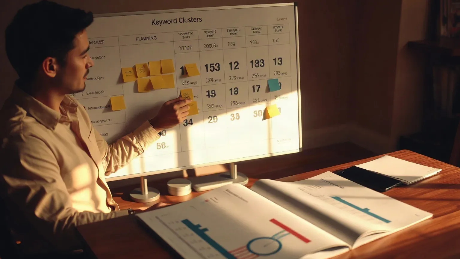 A marketing professional in business attire at the planning board adding ROI-metric sticky notes to a new row in the keyword cluster grid while a printed analytics report showing direct-booking conversion data lies open on the desk below