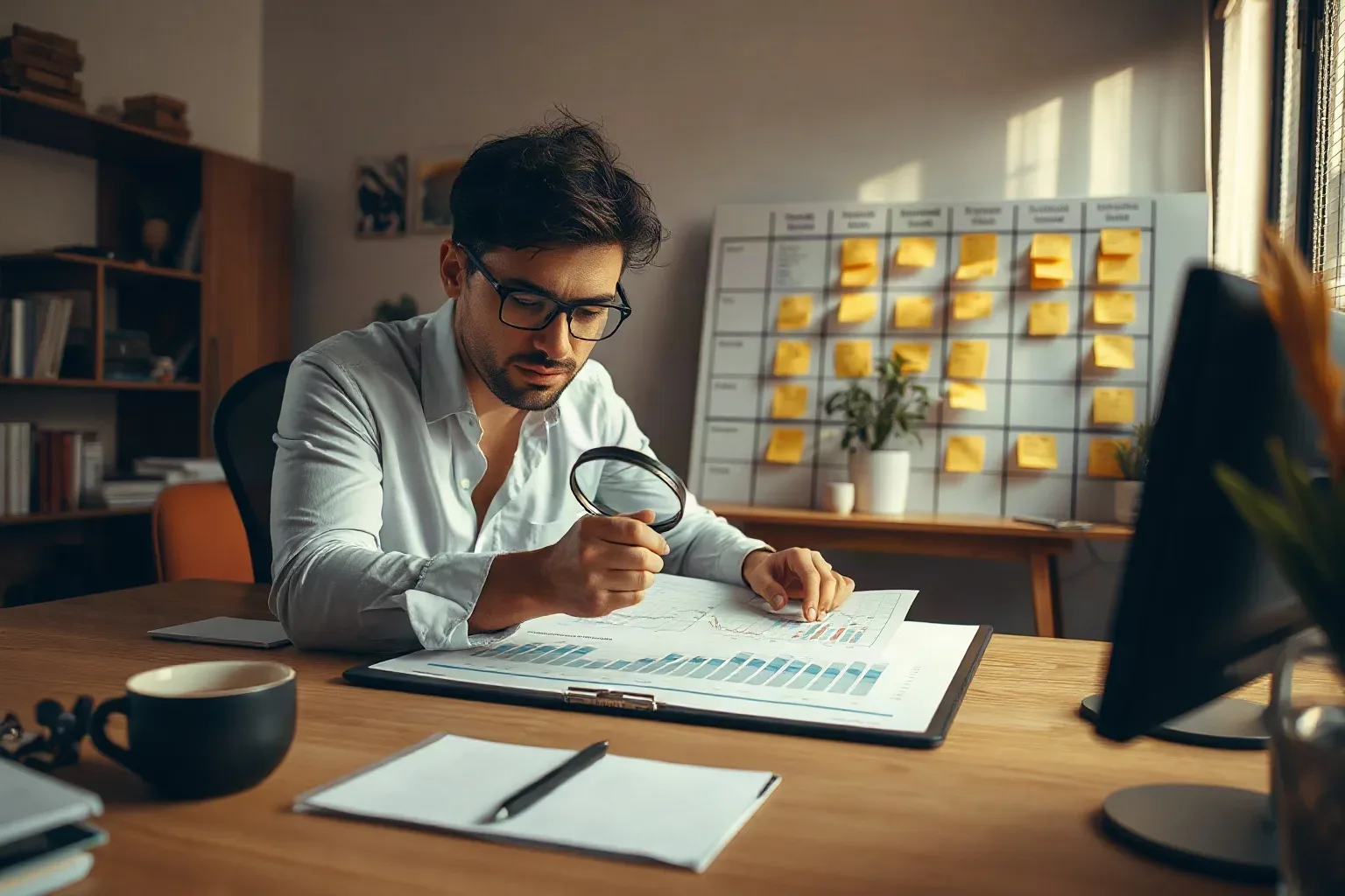 A marketing professional at the agency desk placing a magnifying glass over a local-enquiry column on a printed analytics report, the planning board behind them showing a keyword cluster grid with trade-category sticky notes arranged in rows