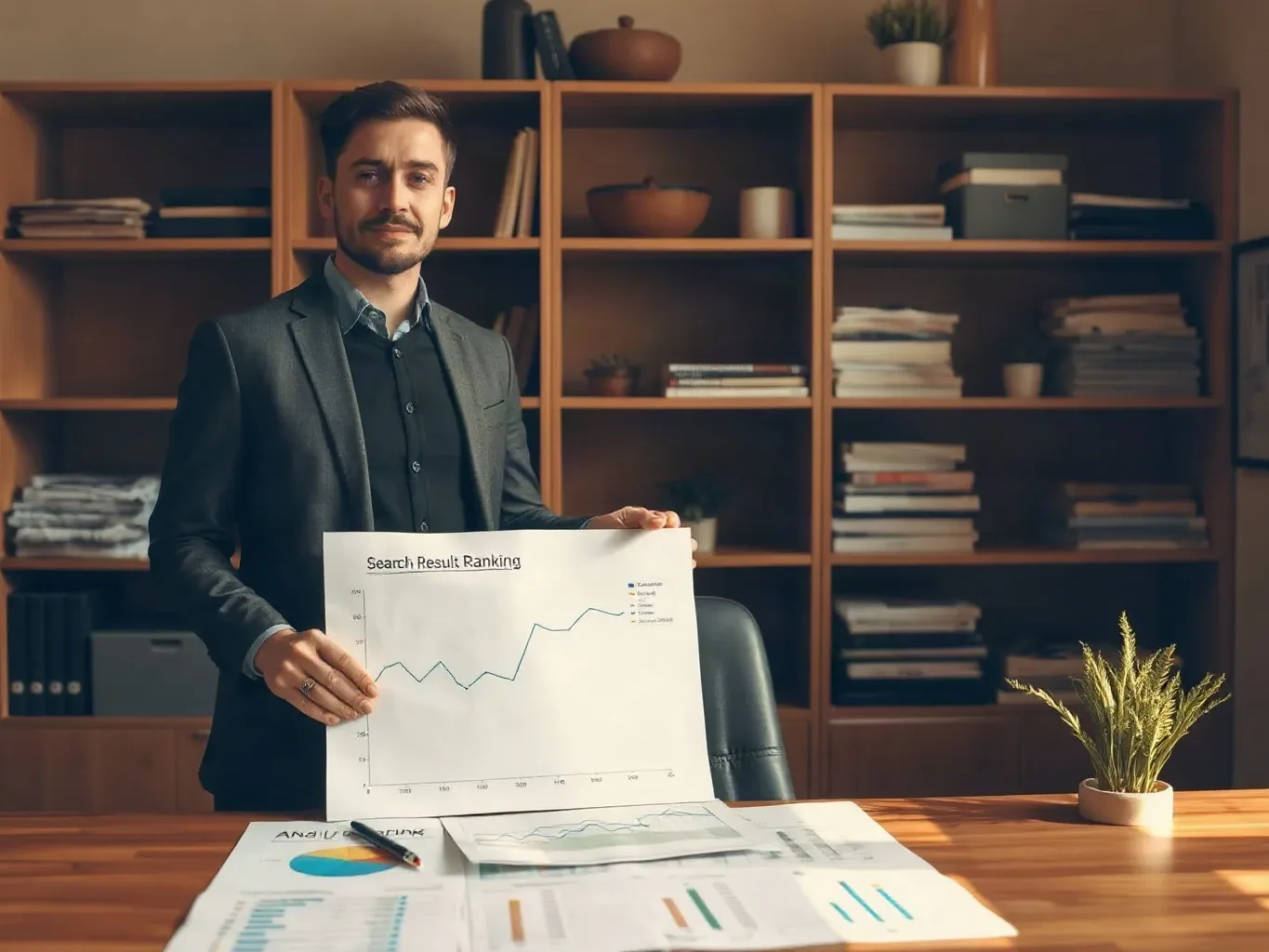 A person in a suit stands behind a desk holding up a printed chart, with further documents spread across the desk and shelving visible behind them