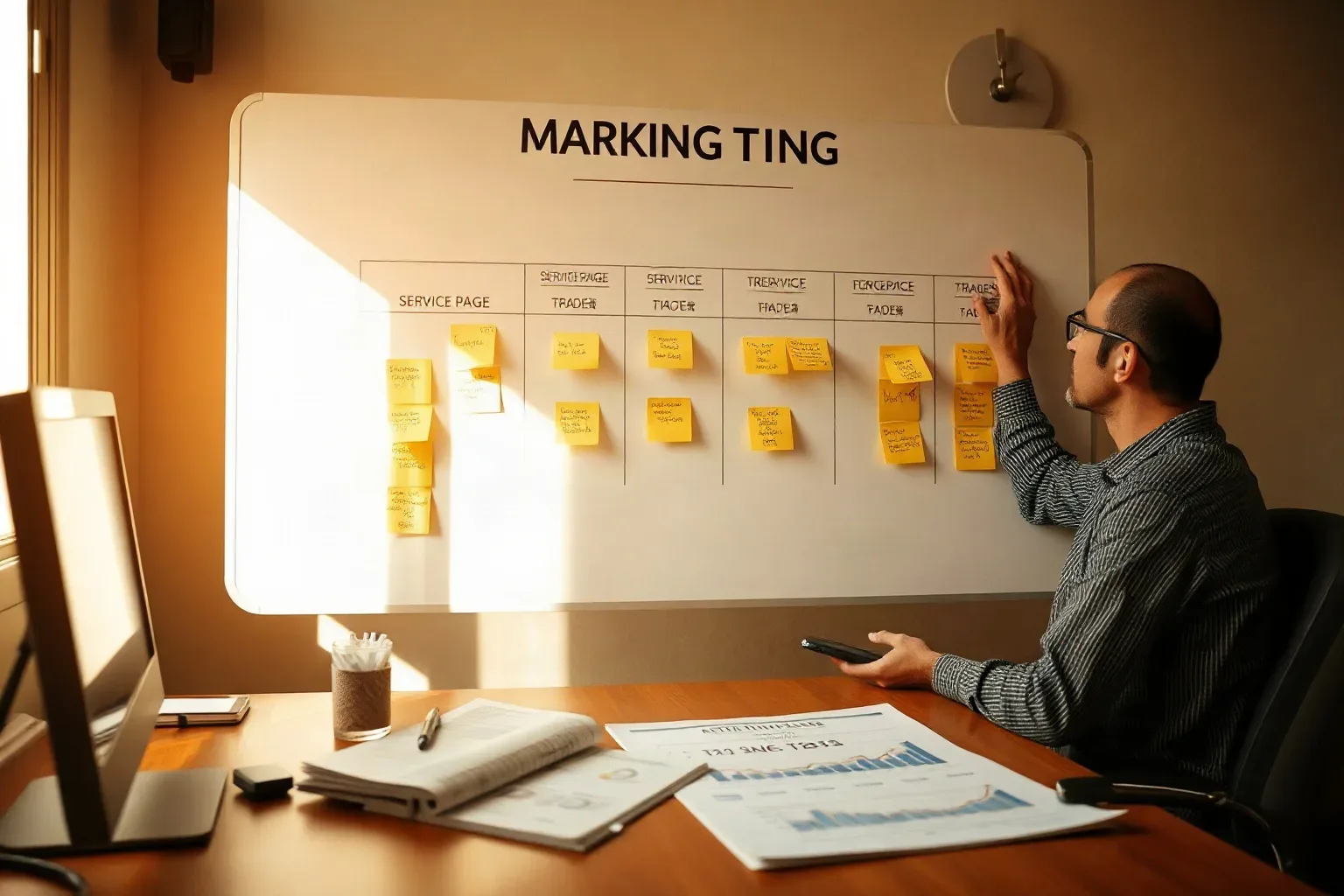 A marketing professional at the planning board pressing service-page sticky notes into distinct columns for each trade type, a printed analytics report showing page-speed and conversion data spread open on the desk below the board