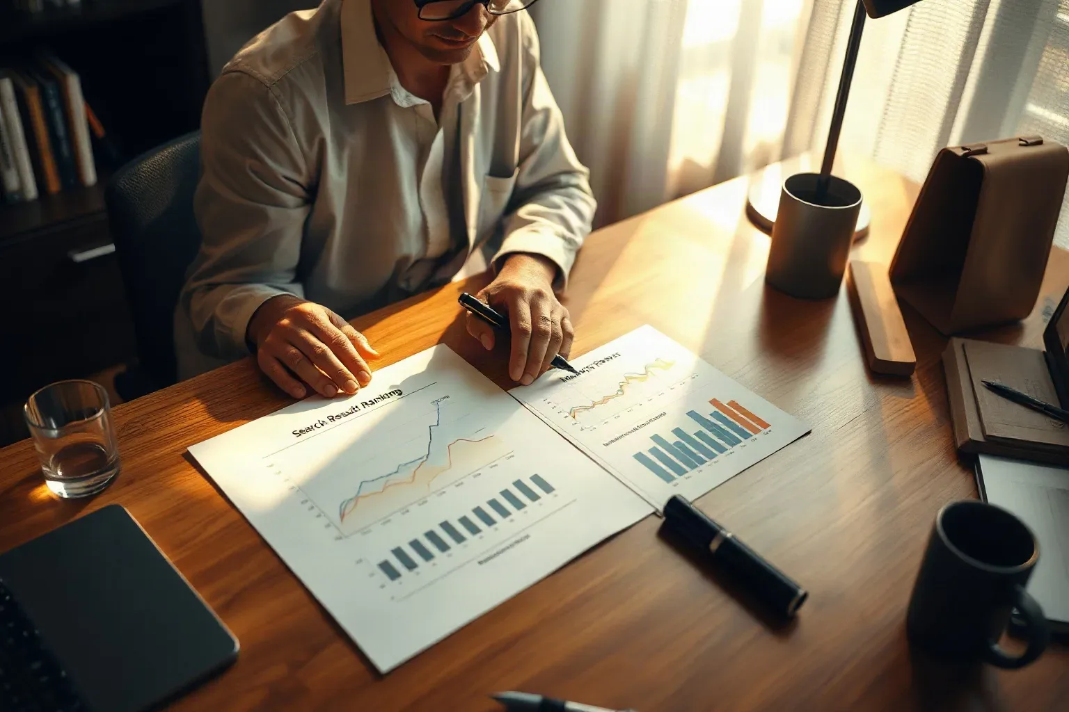 A person in a collared shirt sits at a wooden desk, holding a pen and reviewing printed charts and graphs spread across the surface