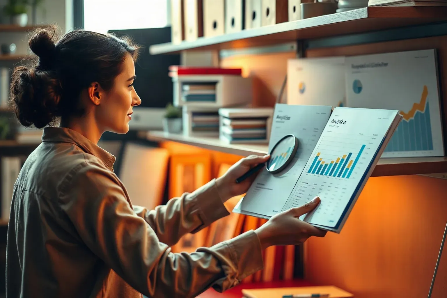A person holds a magnifying glass over a printed analytics report featuring bar charts, in a warmly lit office with shelving and documents in the background