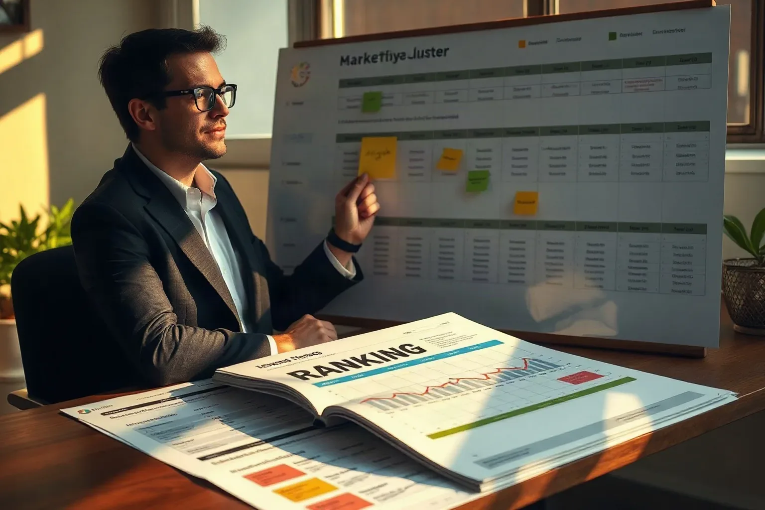 A marketing professional in business attire at the planning board writing a timeline label onto a sticky note and pressing it into the keyword cluster grid, a printed analytics report open to a ranking-timeline section lying flat on the desk below