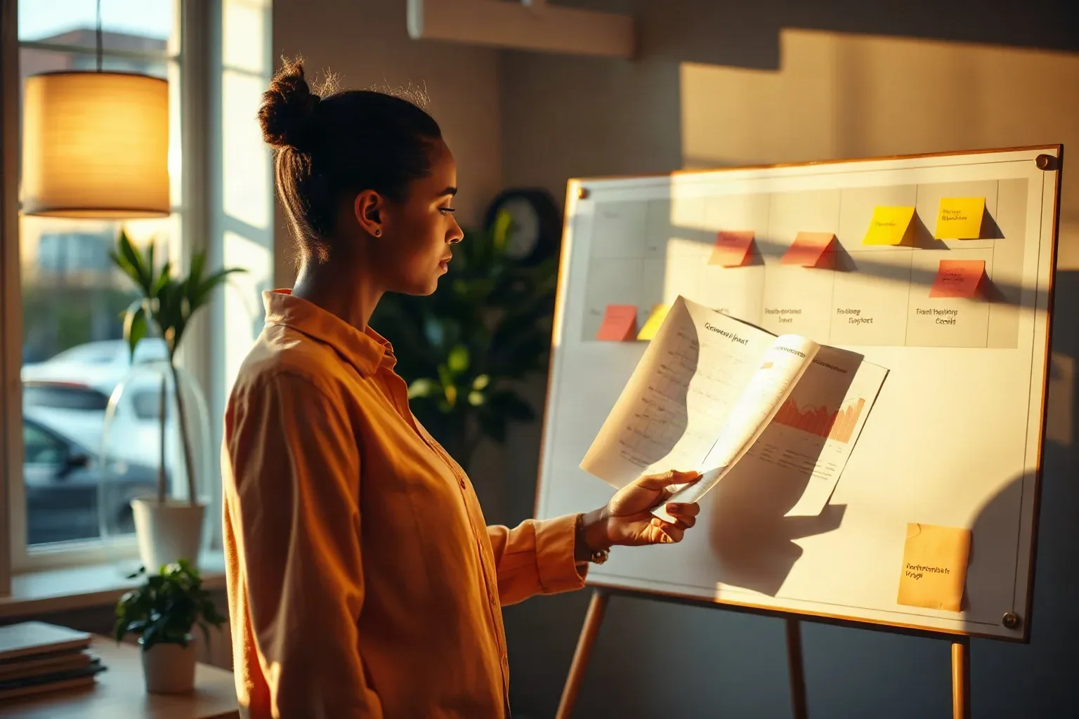 A marketing professional standing at the planning board in a dedicated marketing agency workspace, attaching sticky-note keyword clusters to a revenue-impact column while a printed analytics report showing conversion-drop data is held open in their other hand